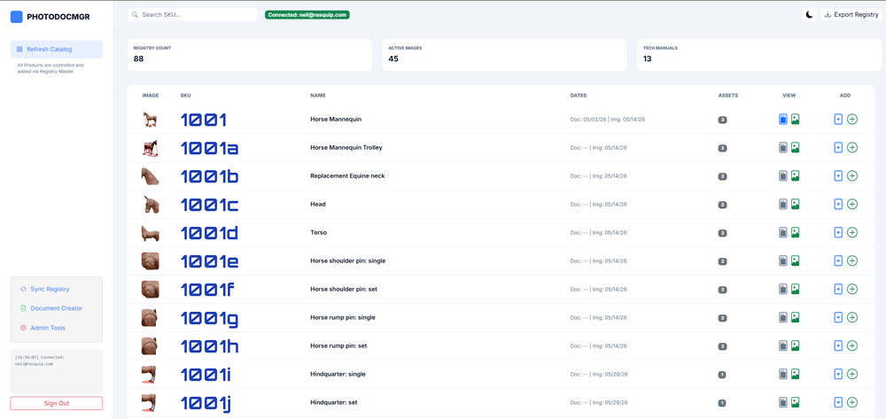 PhotoDocMgr main catalog with search, stats, and product table