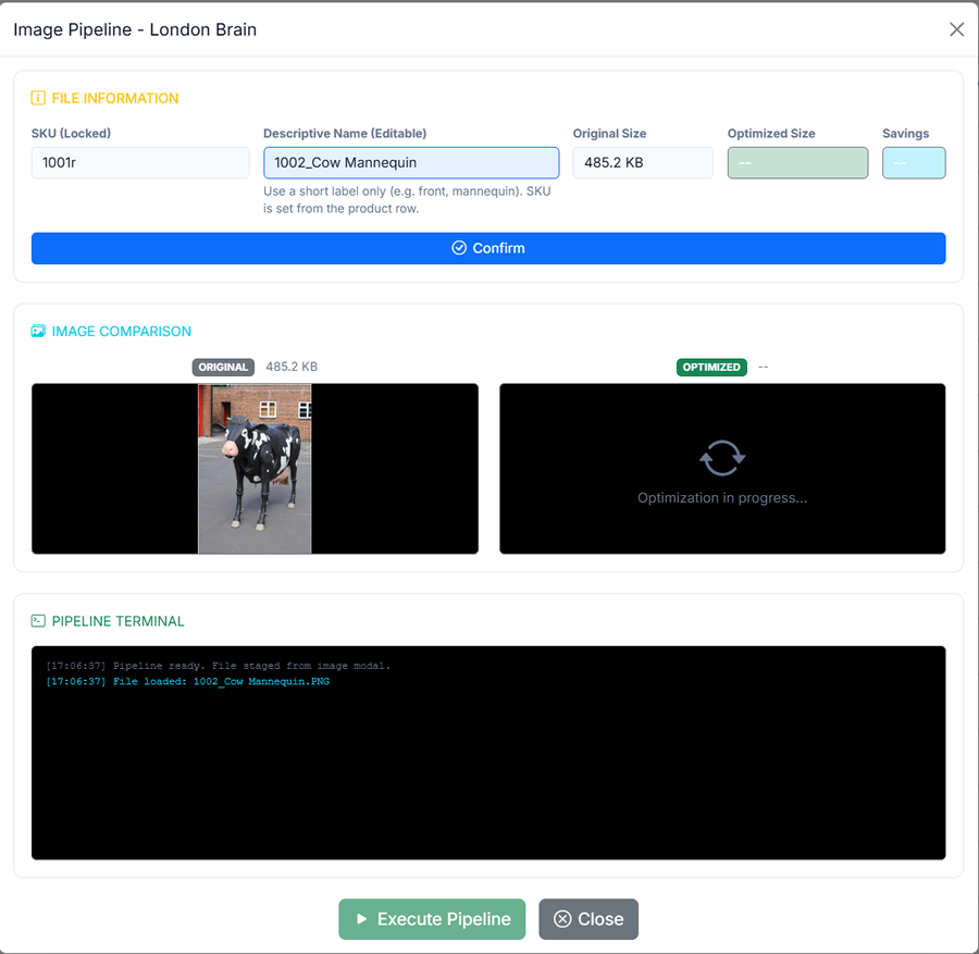 Image pipeline modal with Confirm and Execute
